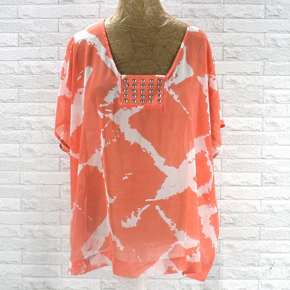 ASHLEY STEWART Blouse Sheer Giraffe Studded Neckline Peach Orange Plus Size 14